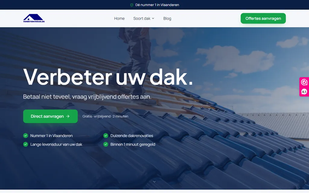 Homepage van verbeteruwdak.be, eigen platform van PaginaBooster